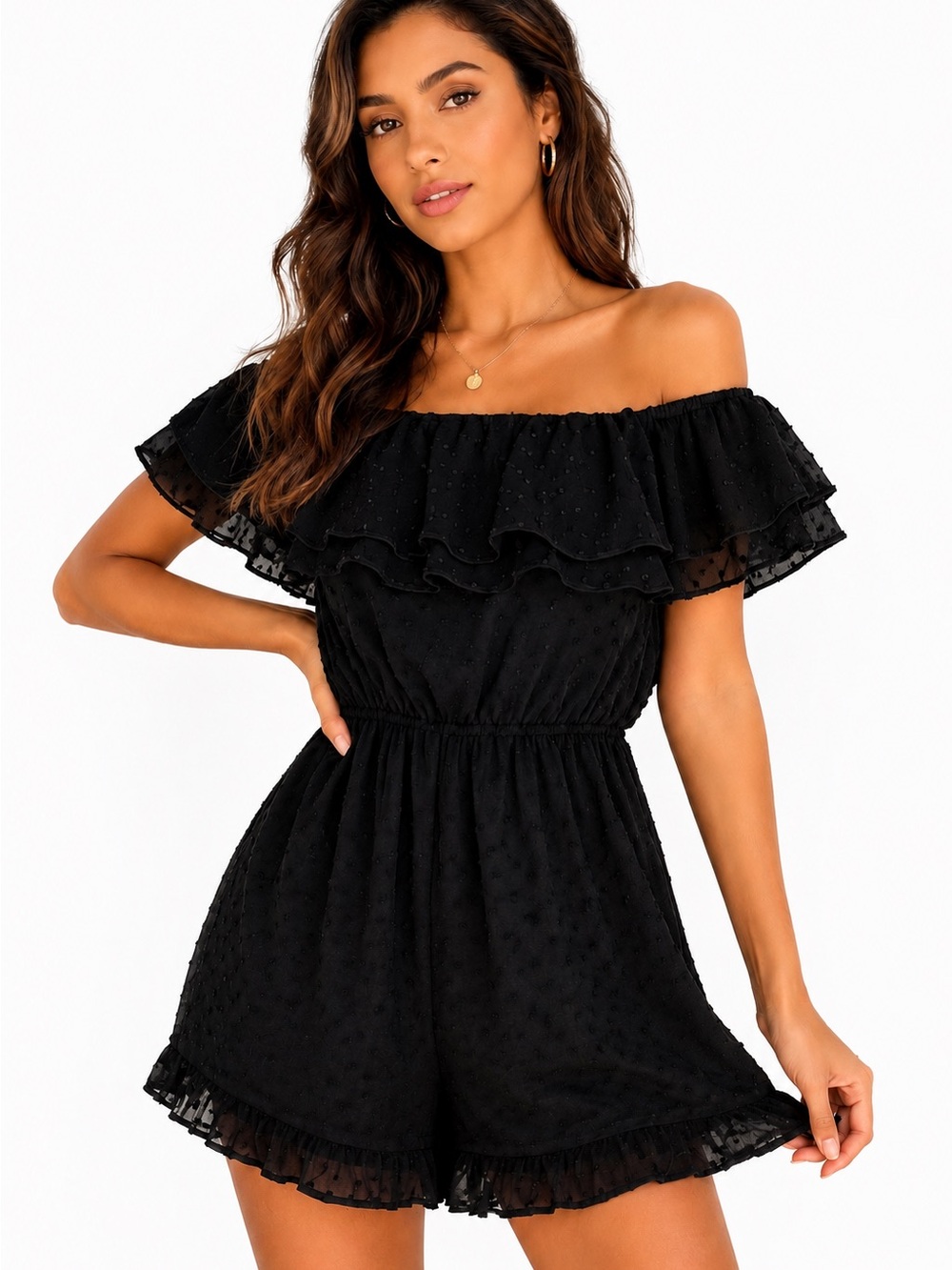 Lulus Romper Frilled to Bits Black Swiss Dot Off the Shoulder Size M NWT